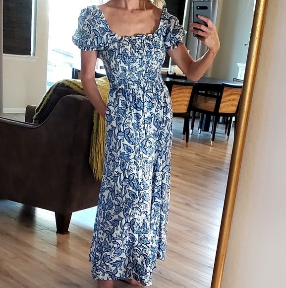 Boden White Blue Floral Leaf Print Linen Smocked Bodice Midi Dress, 4, LIKE NEW - Picture 1 of 16